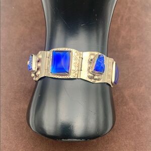 Vintage 60s TAXCO Mexican deity Blue glass panel bracelet 925 Sterling, Stamped